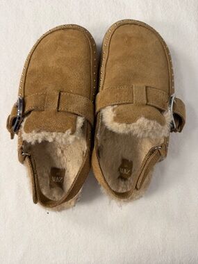 Zara Kids Tan Suede Fur-Lined Moccasin Clog with Buckle
